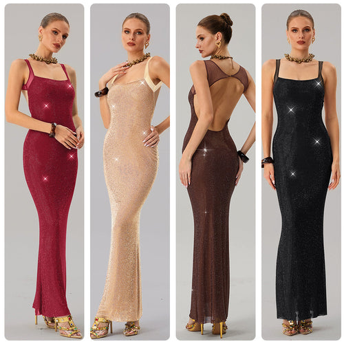 Kvinne Glamorous Kveldsdress med Glitrende Paljetter og Fittet Silhuett