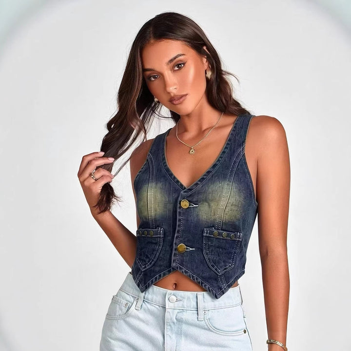 Dame Denim Bustier-jakke med knappdetaljer og påsydde lommer Skjora