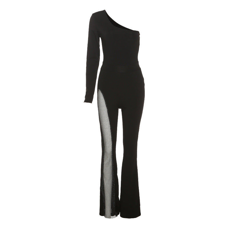 Dame figurnært jumpsuit med asymmetrisk utskæring og nett-sidigeinnsats Skjora