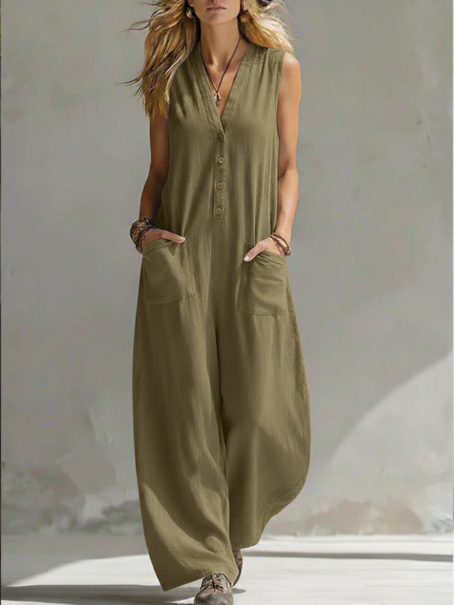 Dame jumpsuit med dyp V-halsing og praktiske lommer Skjora