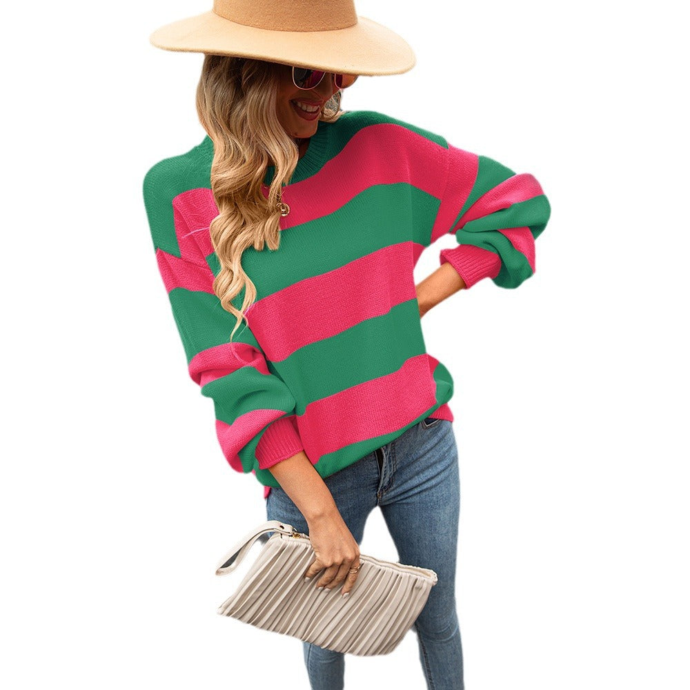 Dame casual genser med stilige stripemønster og vide ermer Skjora