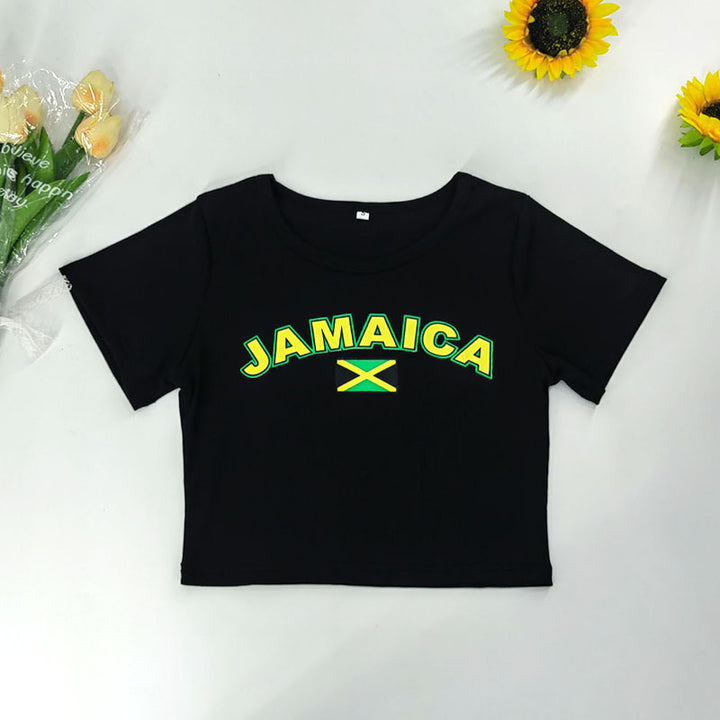 Dame cropped T-skjorte med jamaicansk motiv og trendy tekst Skjora