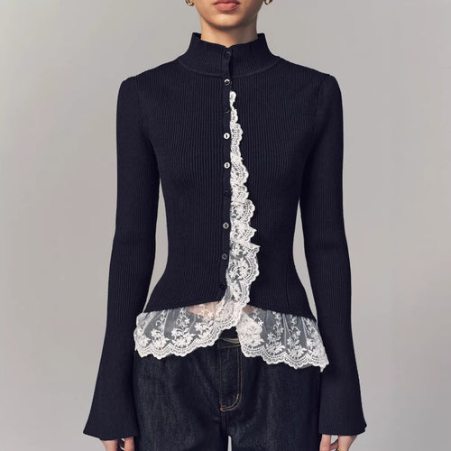 Damer cardigan med blonderkant og moderne peplum Skjora