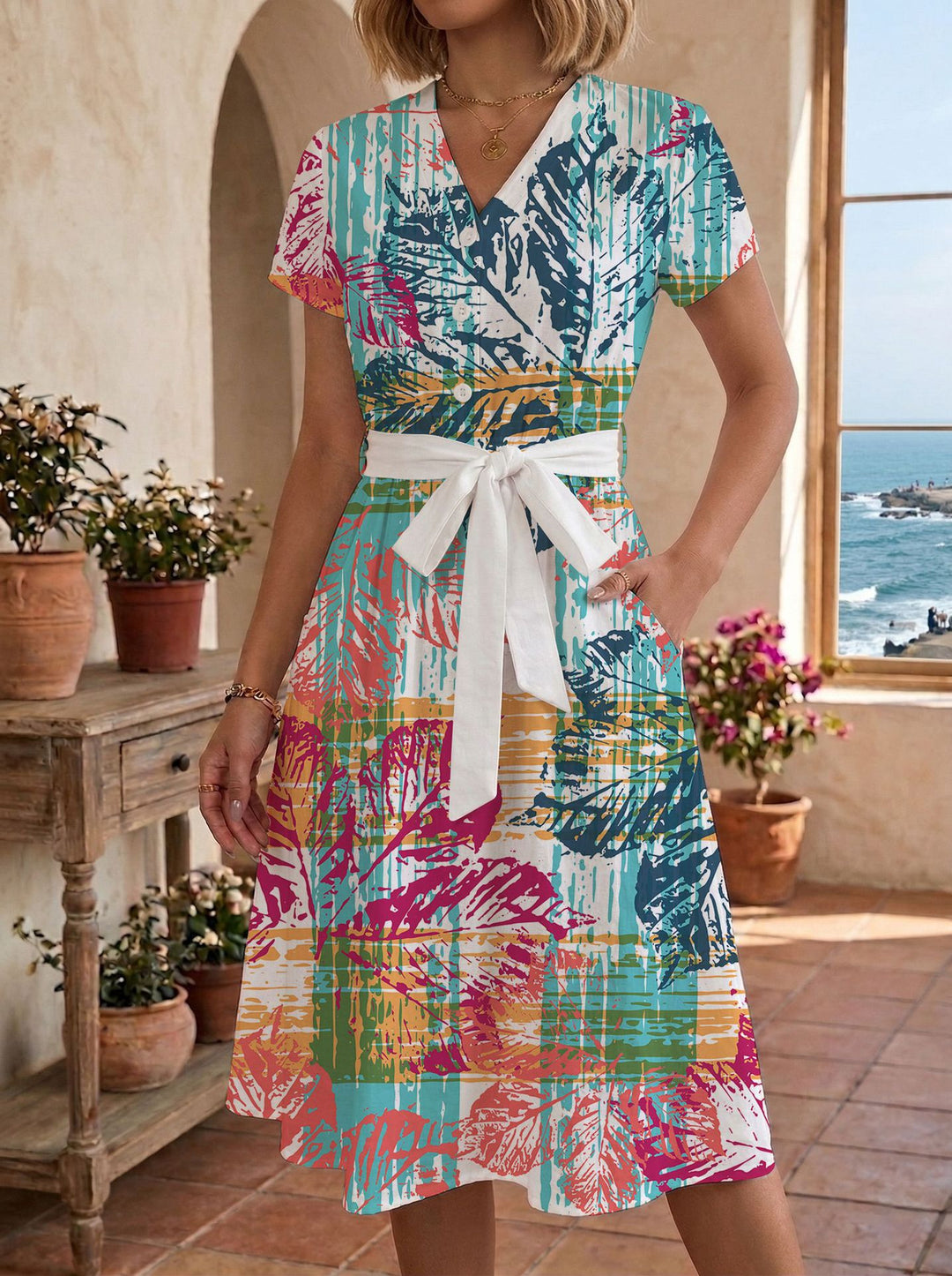 Damer avslappet maxikjole med justerbar knute og dekorativ rutemønster Skjora