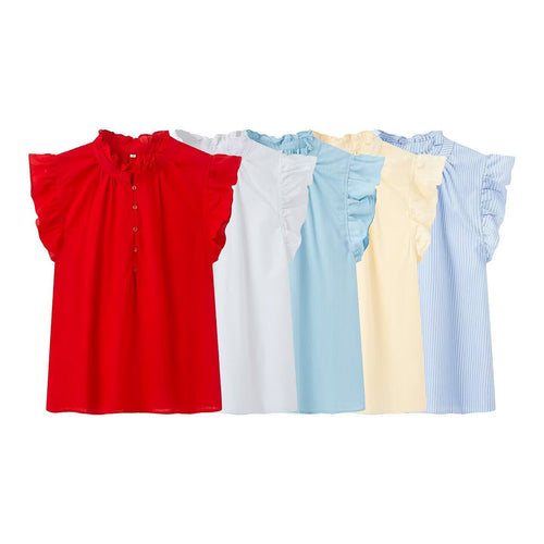 Damebluse med rysjer og knappestolpe Skjora