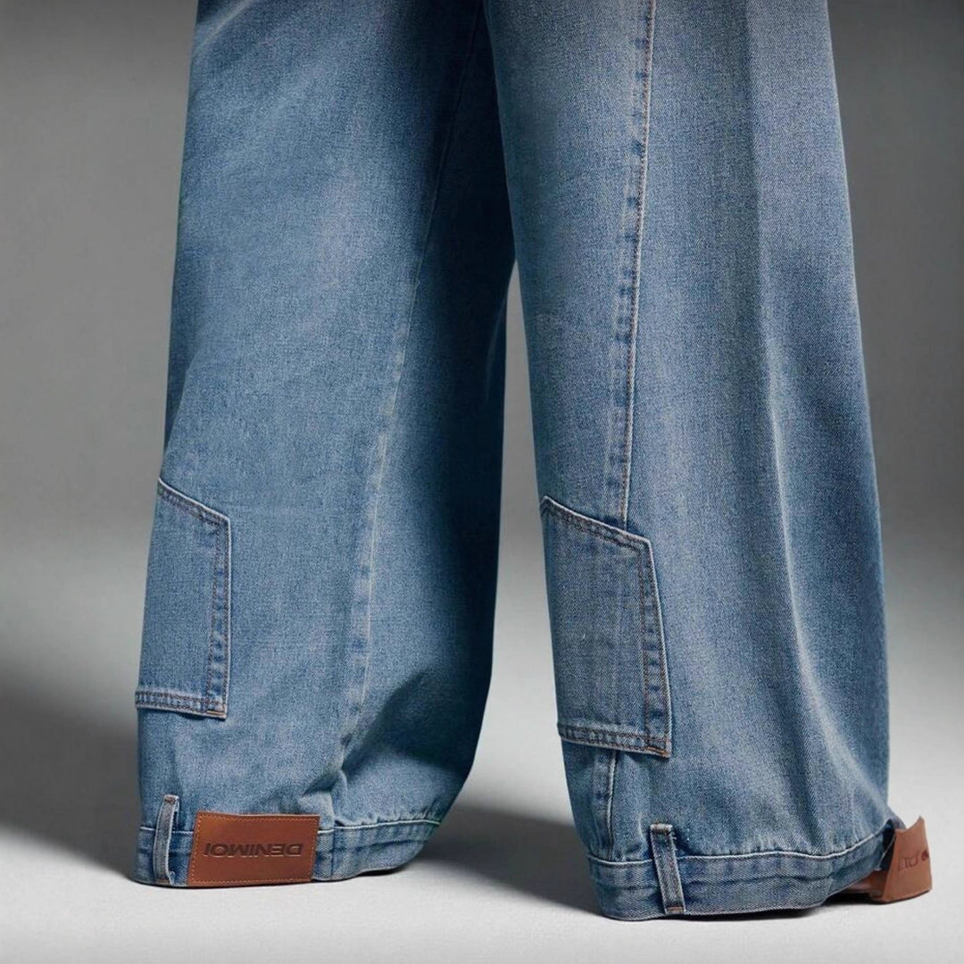 Kvinne brede denim bukser med høy midje og dekorativ søm Skjora