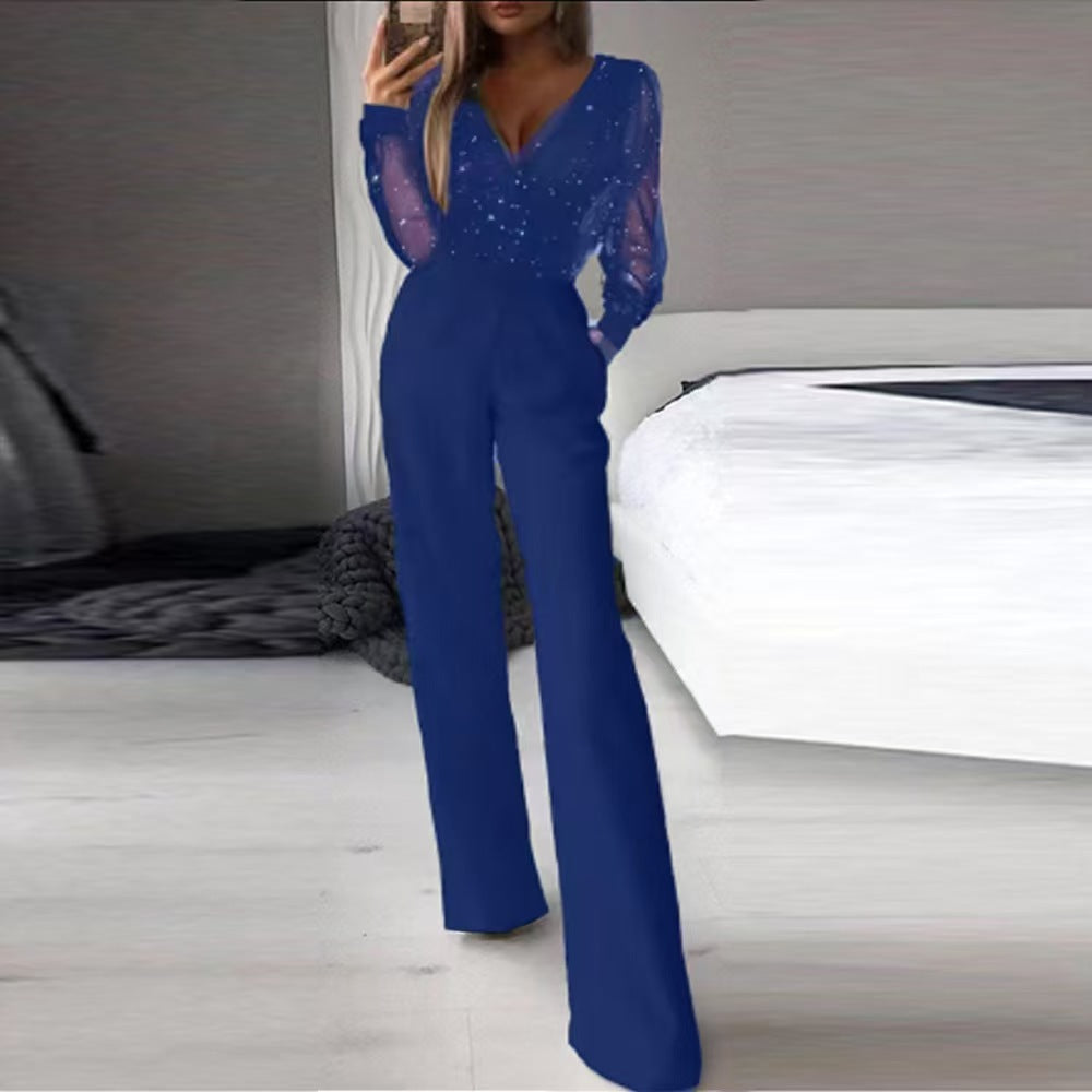 Damer Elegant Jumpsuit med gjennomsiktige ermer og gnistrende detaljer Skjora