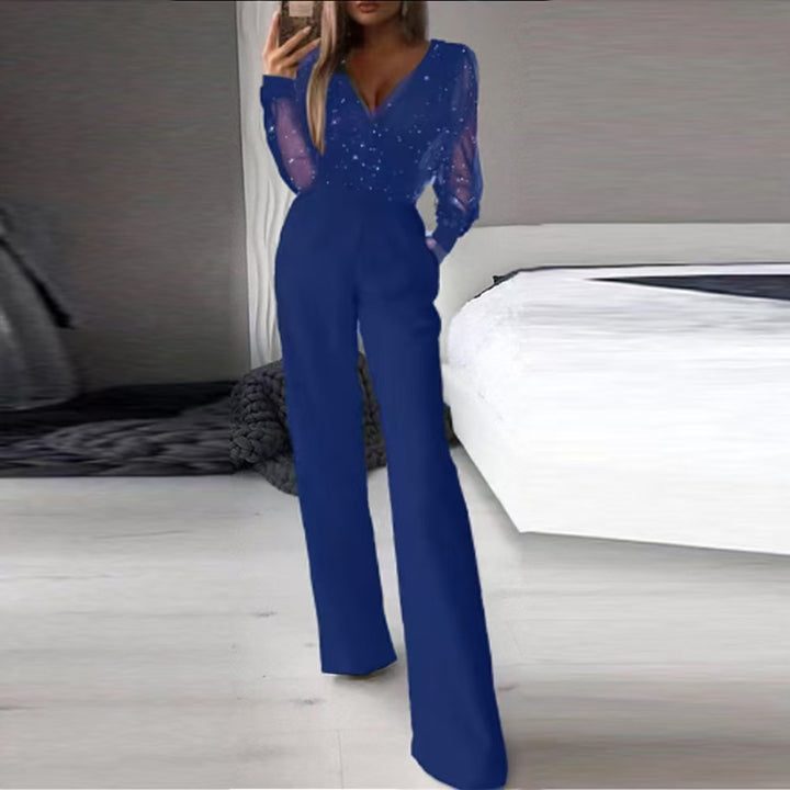 Damer Elegant Jumpsuit med gjennomsiktige ermer og gnistrende detaljer Skjora