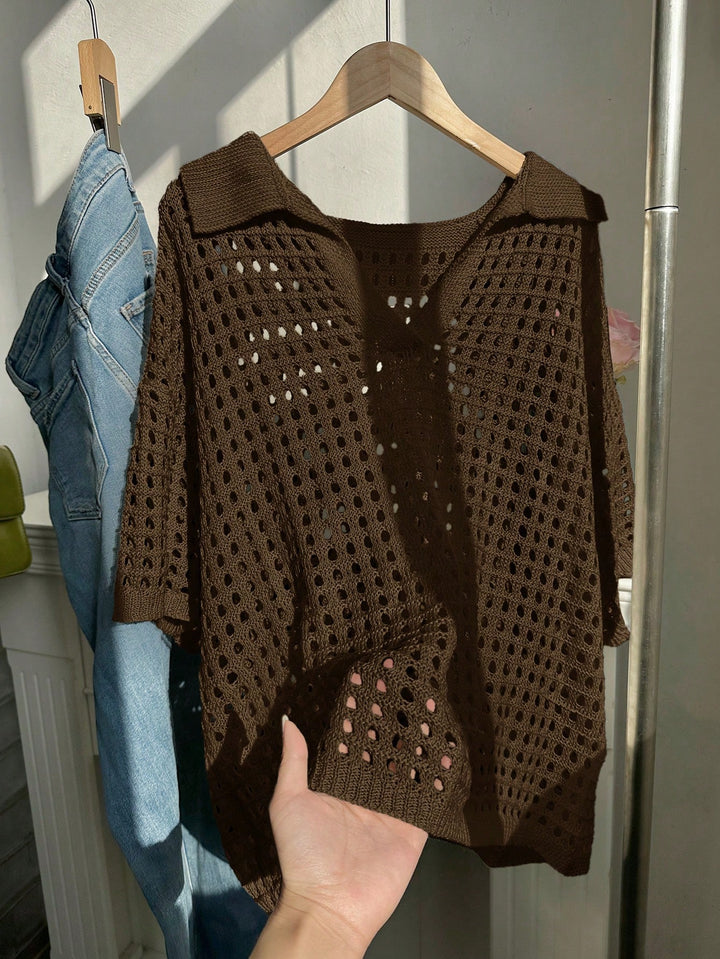 Dame luftig strikket topp med moderne nettdesign Skjora