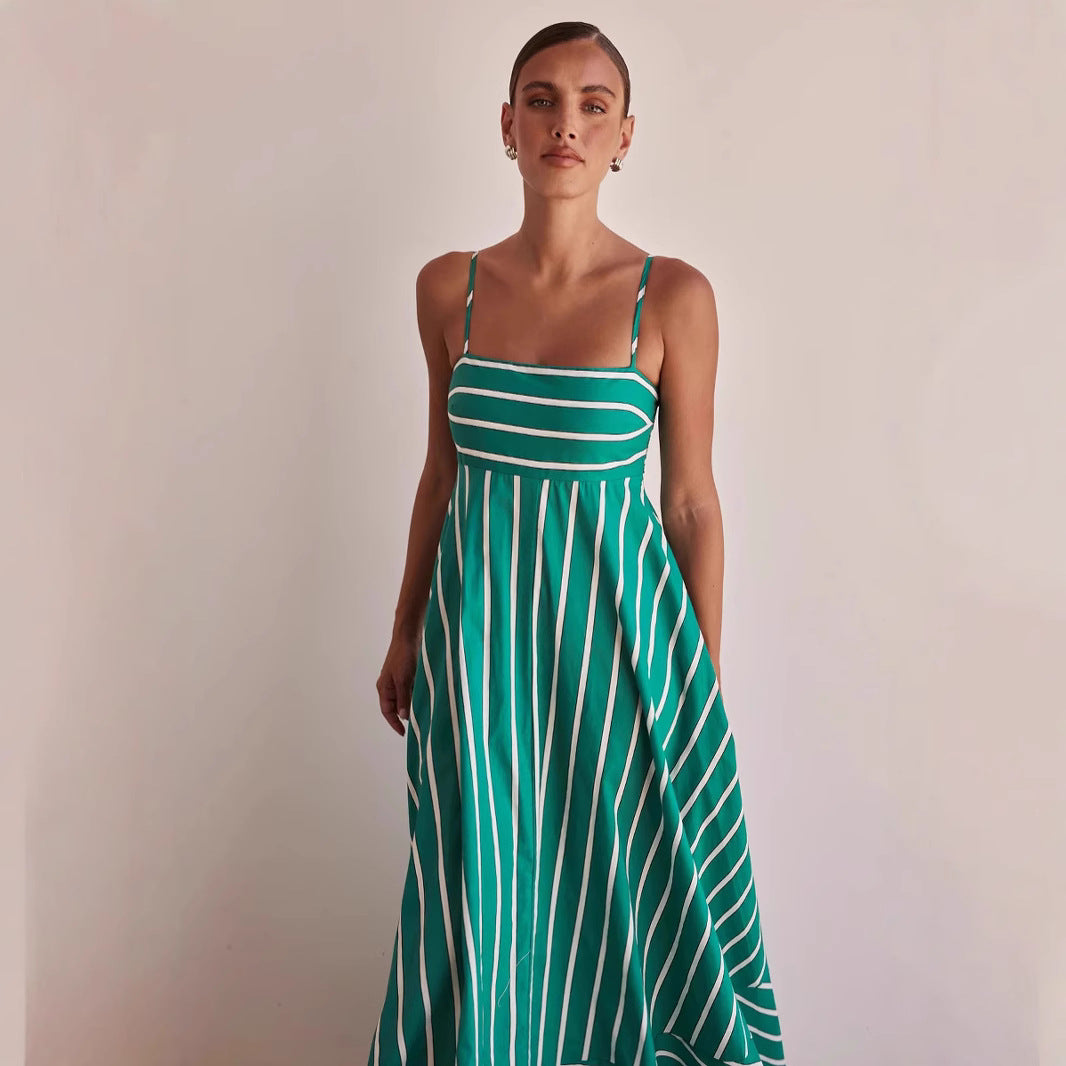 Kvinne Lange Ermer Maxi Kjole med Elegant Stripemønster og Flytende Snitt