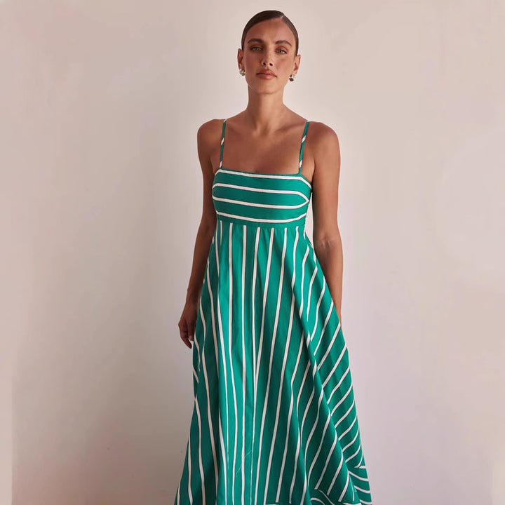 Kvinne Lange Ermer Maxi Kjole med Elegant Stripemønster og Flytende Snitt
