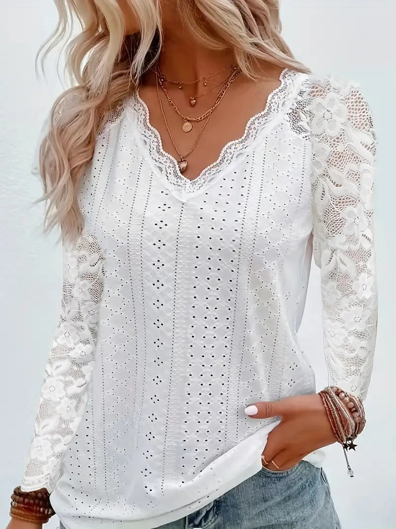 Dame Elegant Topp med Blonderkant og V-Hals Skjora