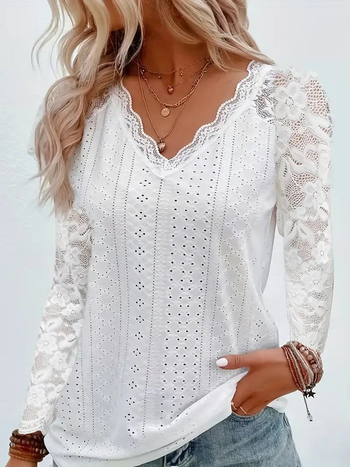 Dame Elegant Topp med Blonderkant og V-Hals Skjora