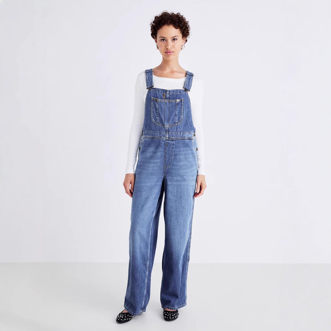 Dame Denim- jumpsuit med bred bein og justerbare stropper Skjora