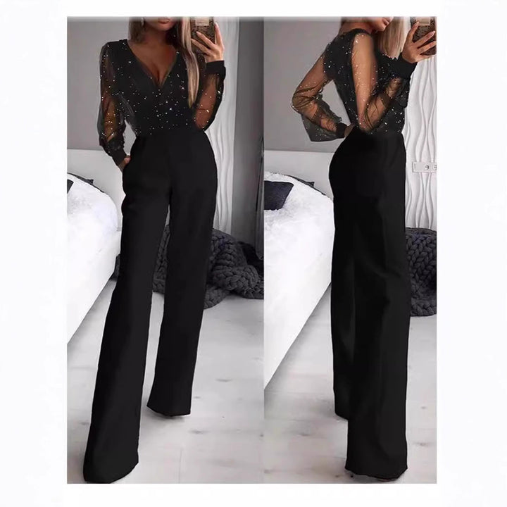 Damer Elegant Jumpsuit med Transparent Bluse og Glitrende Akcenter Skjora