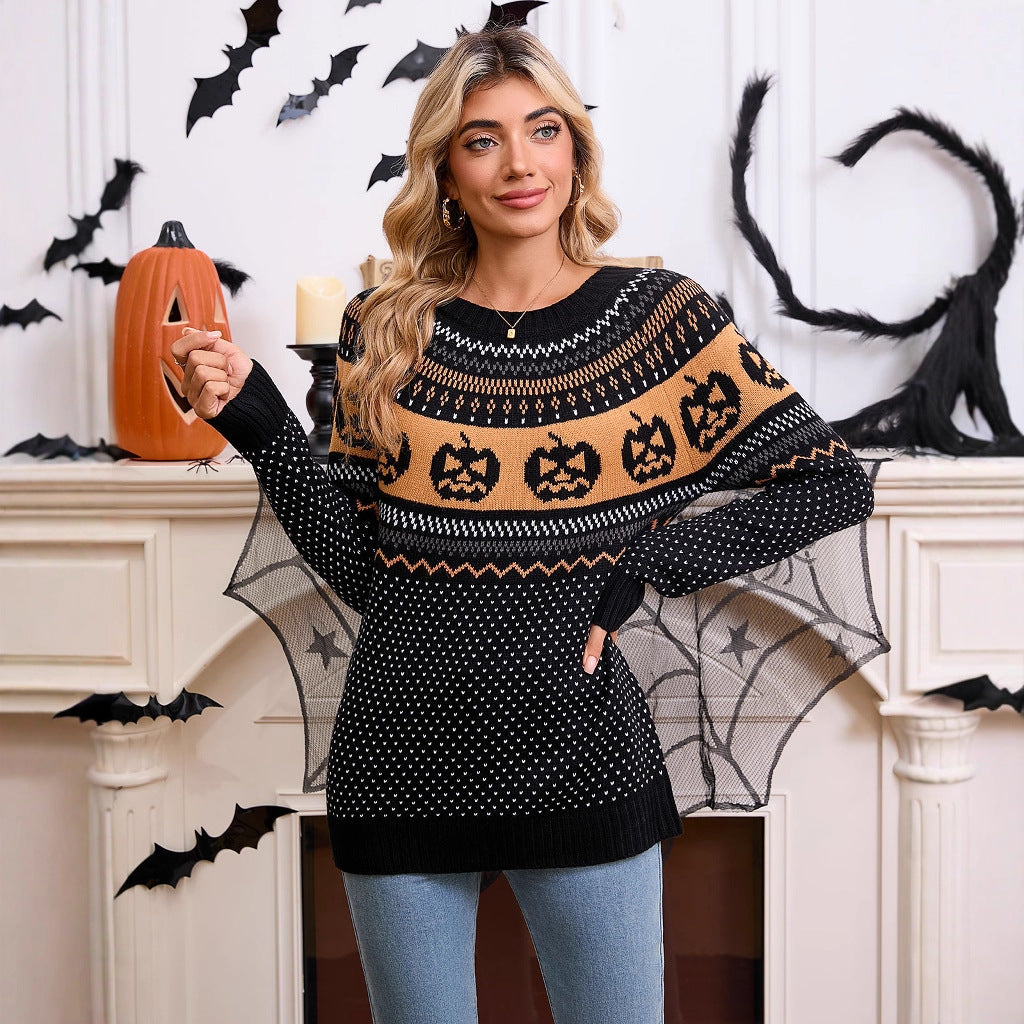 Kvinnes strikkegenser med Halloween-motiv og fin strikketekstur Skjora