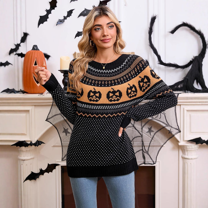 Kvinnes strikkegenser med Halloween-motiv og fin strikketekstur Skjora