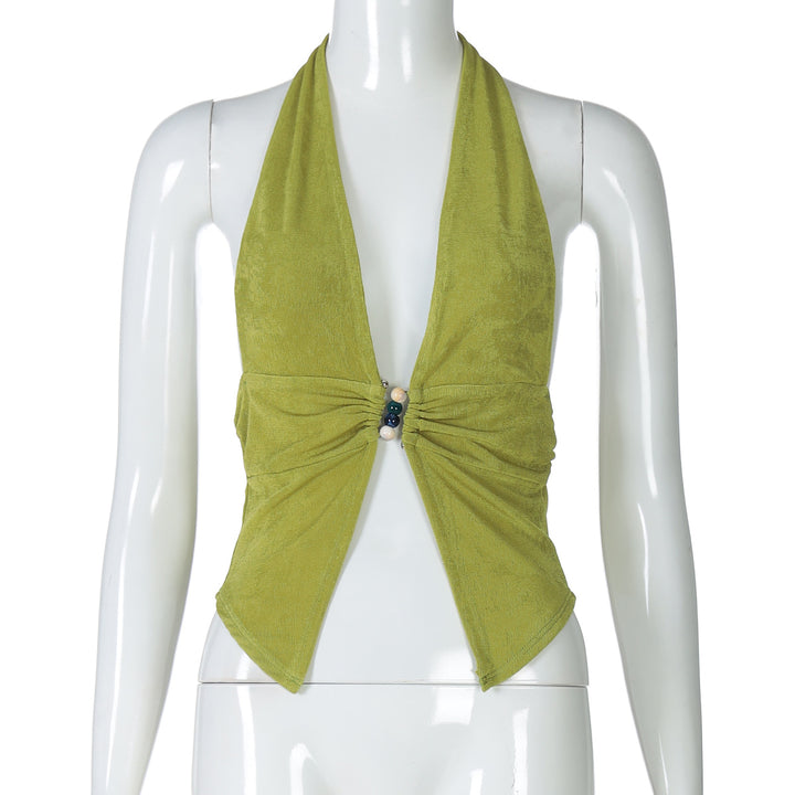 Women's halter top with elegant ruching and decorative beads Skjora