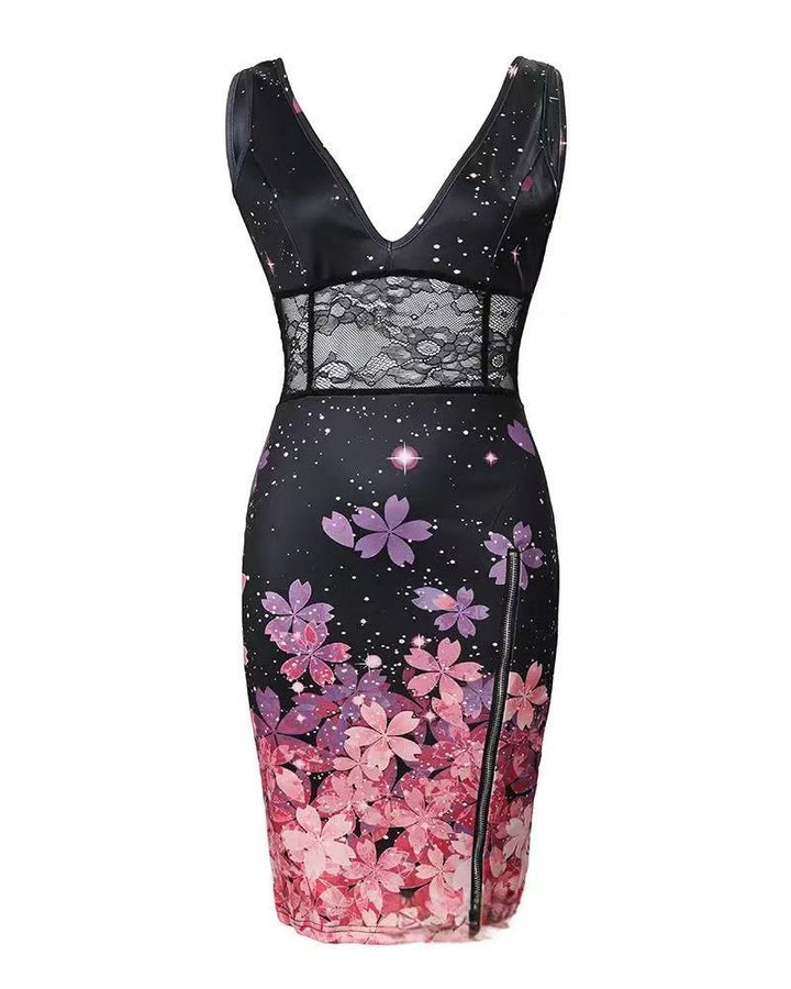 Dame Elegant blomsterkjole med dyp V-hals og spissdetaljer Skjora