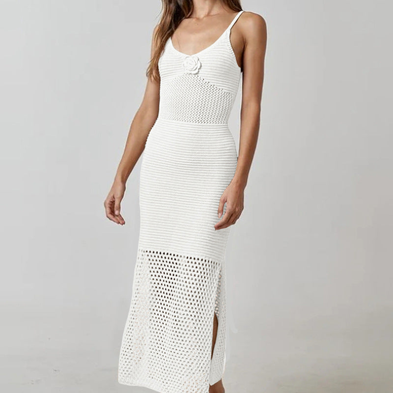 Damen Häkel-Strandkleid mit durchbrochenem Design und tiefem Schlitz Skjora