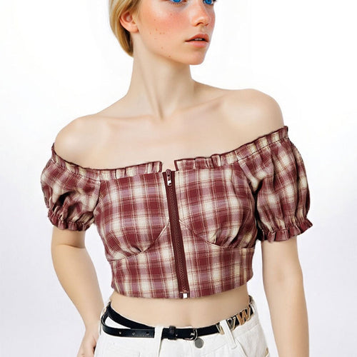 Damene Cropped Bluse med puffermer og glidelås Skjora