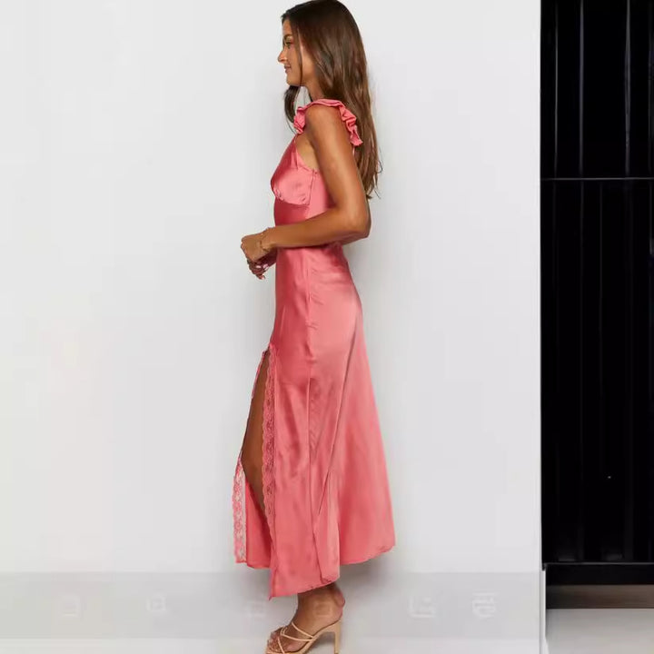 Damer Elegant Maxi Kjole med Blonder Detaljer og Utsvingt Skjørt Skjora
