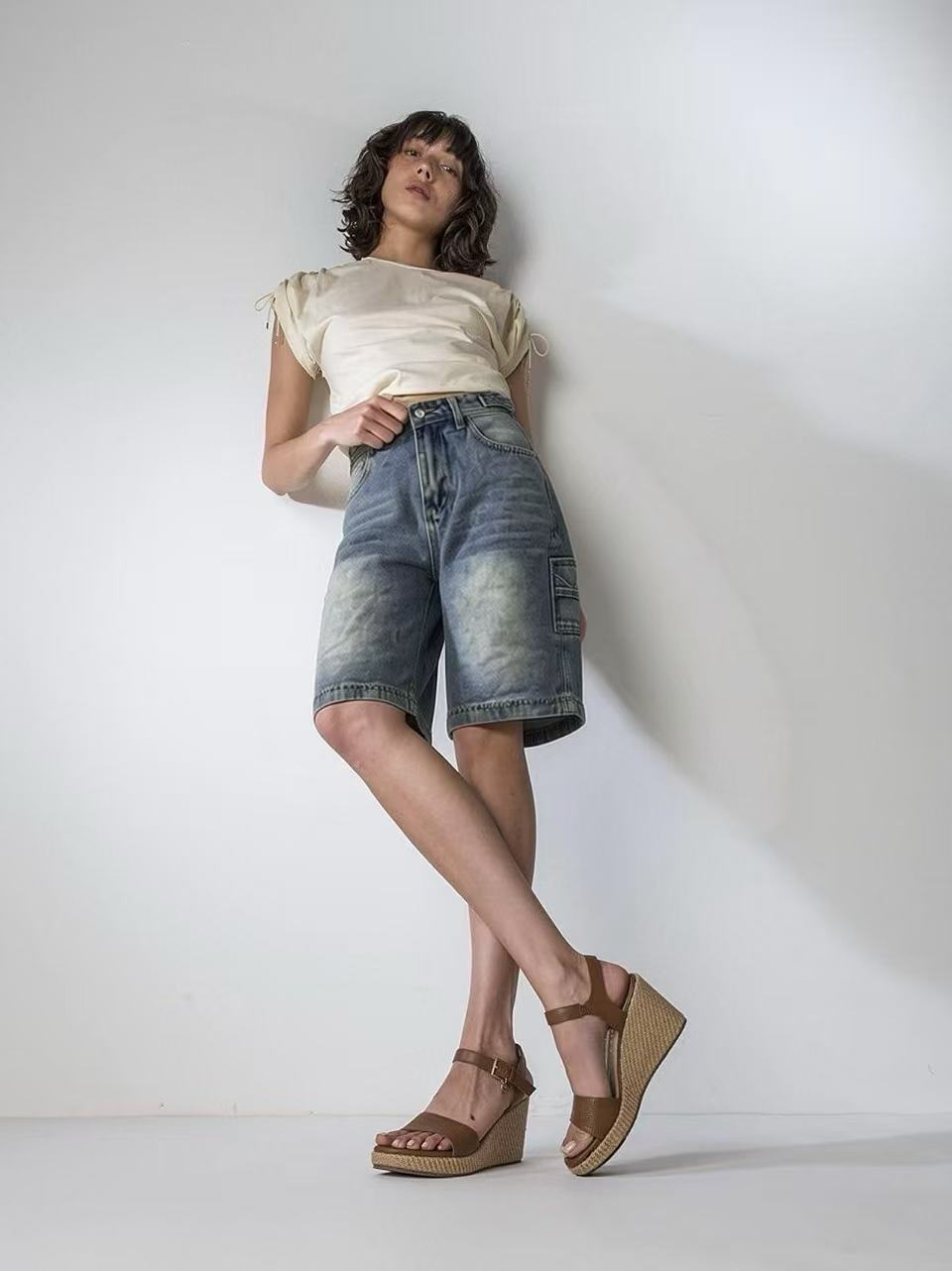 Dame casual denimshorts med høy midje og bred passform Skjora