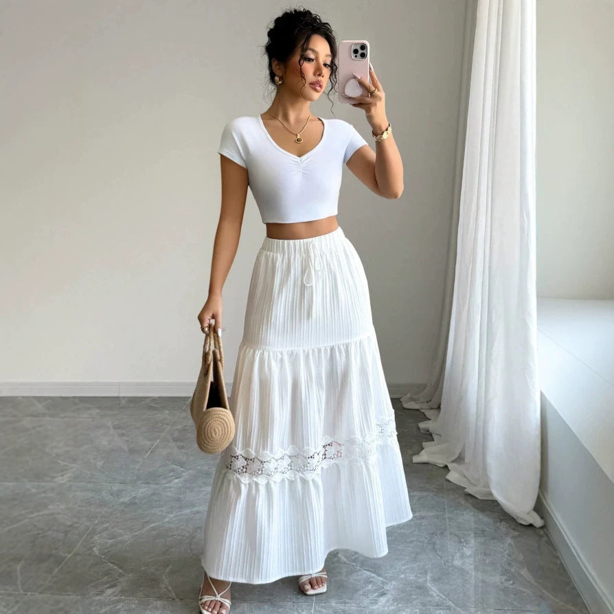 Dame Crop-Top og Maxi-Rock Sett med Volangdetaljer Skjora