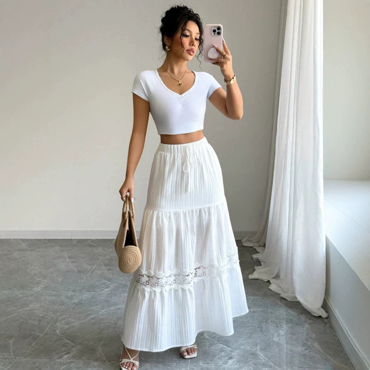 Dame Crop-Top og Maxi-Rock Sett med Volangdetaljer Skjora
