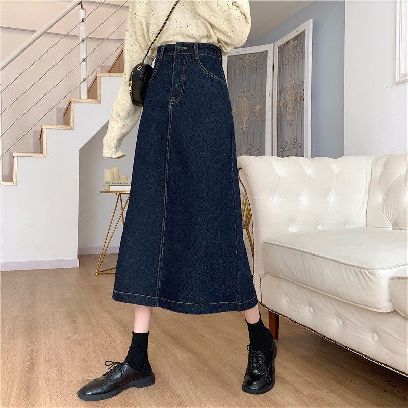Dames denim midi skjørt med høy midje Skjora