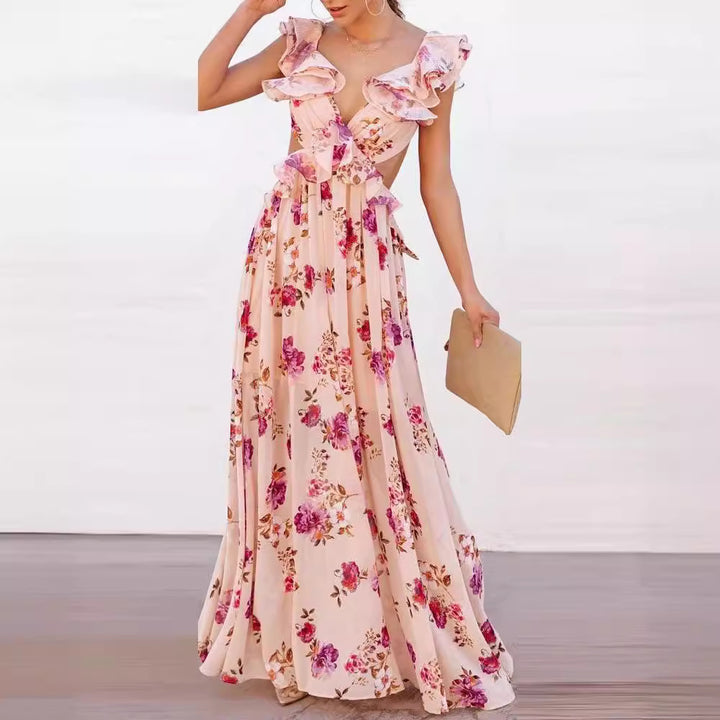 Kvinnelig Elegant Maxi Kjole med Volangdetaljer og Blomsterdesign