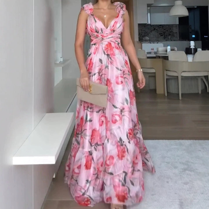 Women's maxi dress with floral ruffles and a flowing design