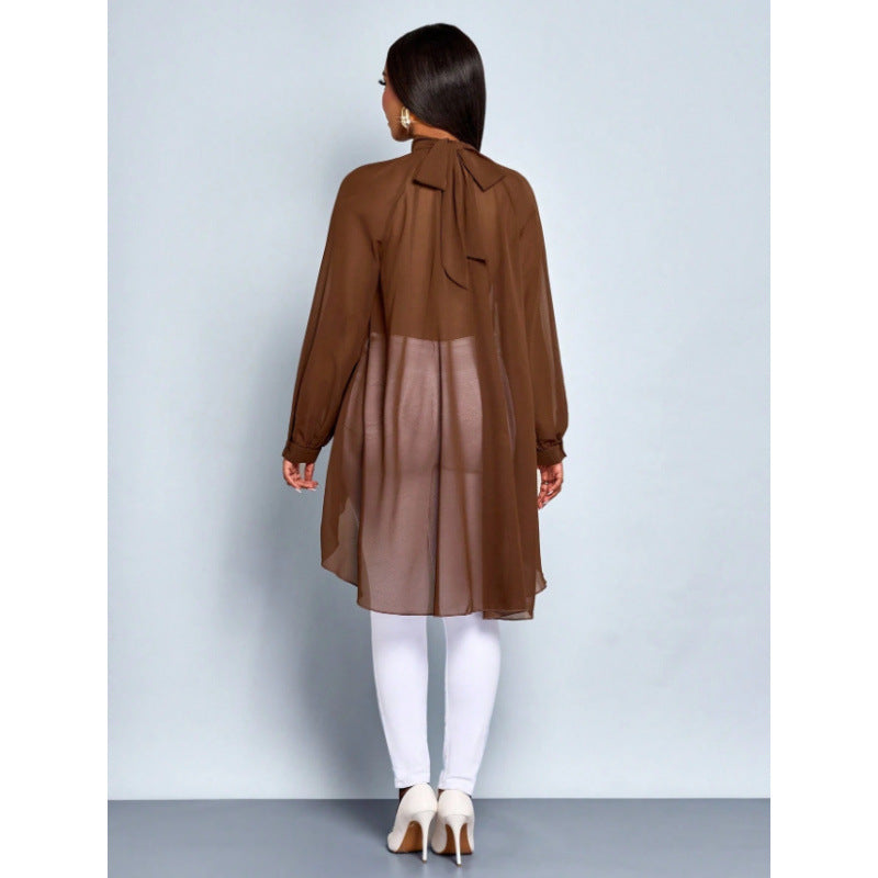 Dame Elegant Langermet Bluse med asymmetrisk nederkant og stående krage Skjora