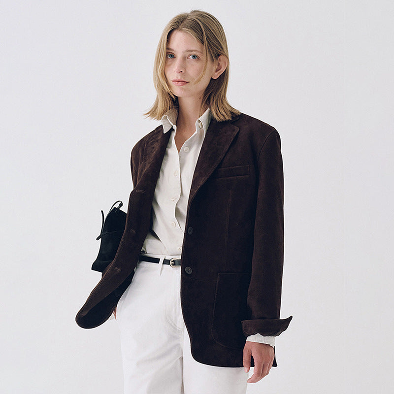 Dame Elegant Suede Blazer med Praktiske Lommer Skjora