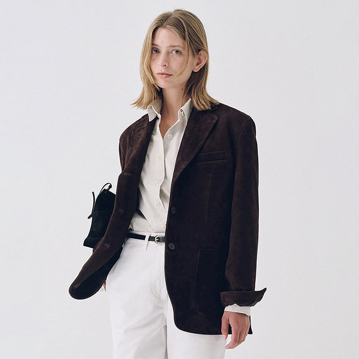 Dame Elegant Suede Blazer med Praktiske Lommer Skjora