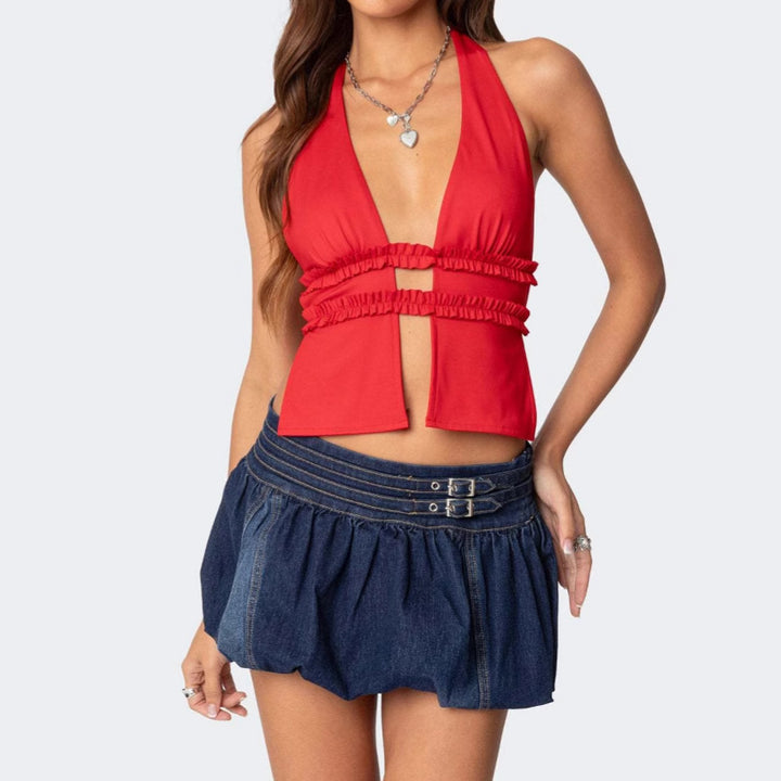 Damer Cropped Top med stroppeløs hals og volangdetaljer Skjora