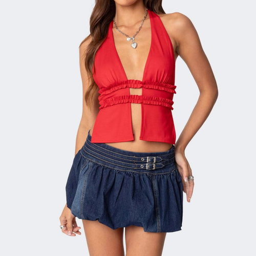 Damer Cropped Top med stroppeløs hals og volangdetaljer Skjora