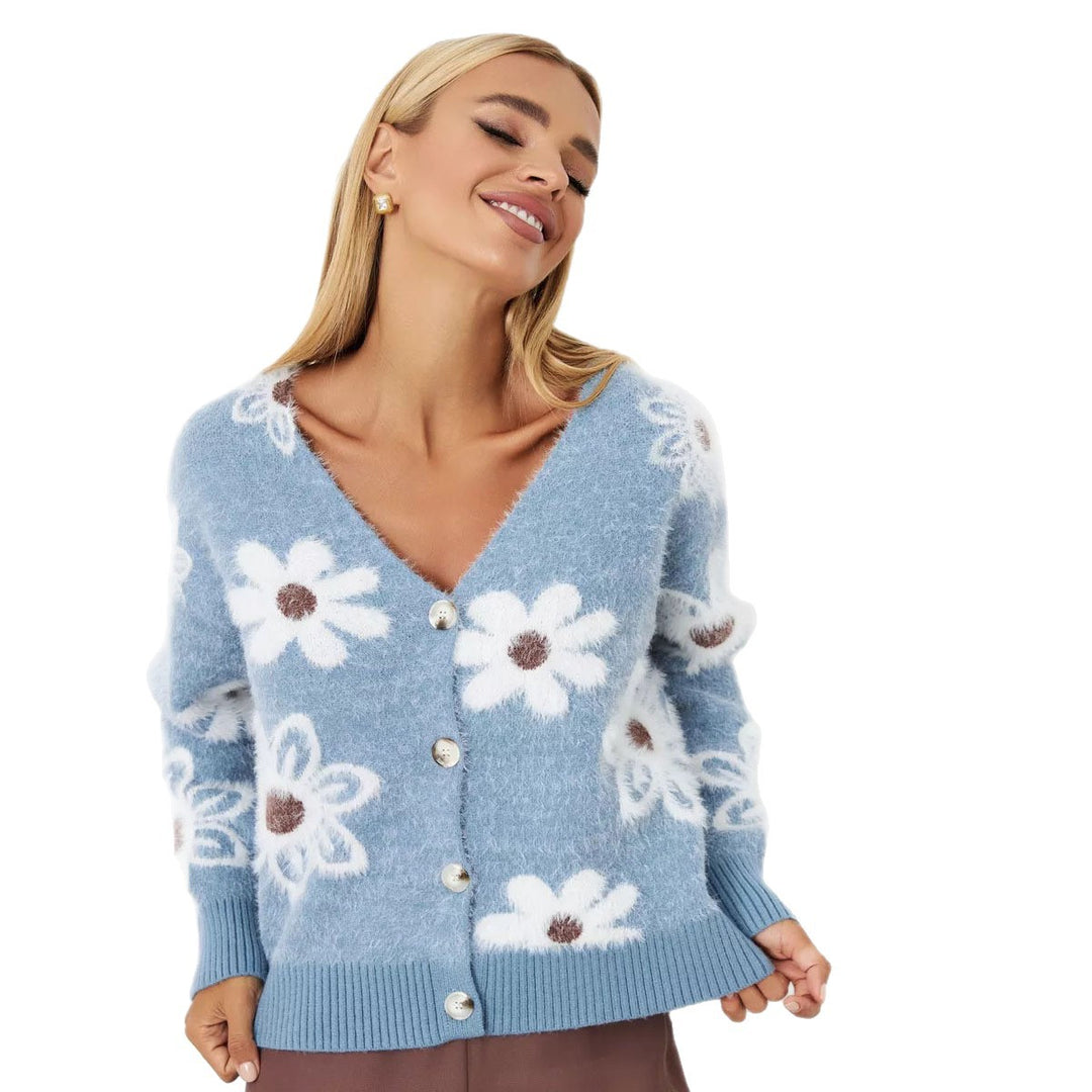 Kvinne Cozy Cardigan med Blomsterdesign og Knapppdetaljer Skjora