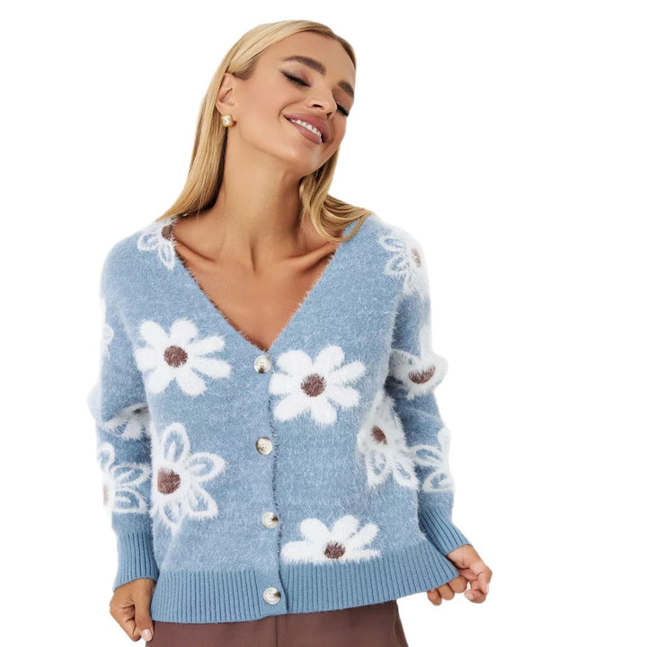Kvinne Cozy Cardigan med Blomsterdesign og Knapppdetaljer Skjora