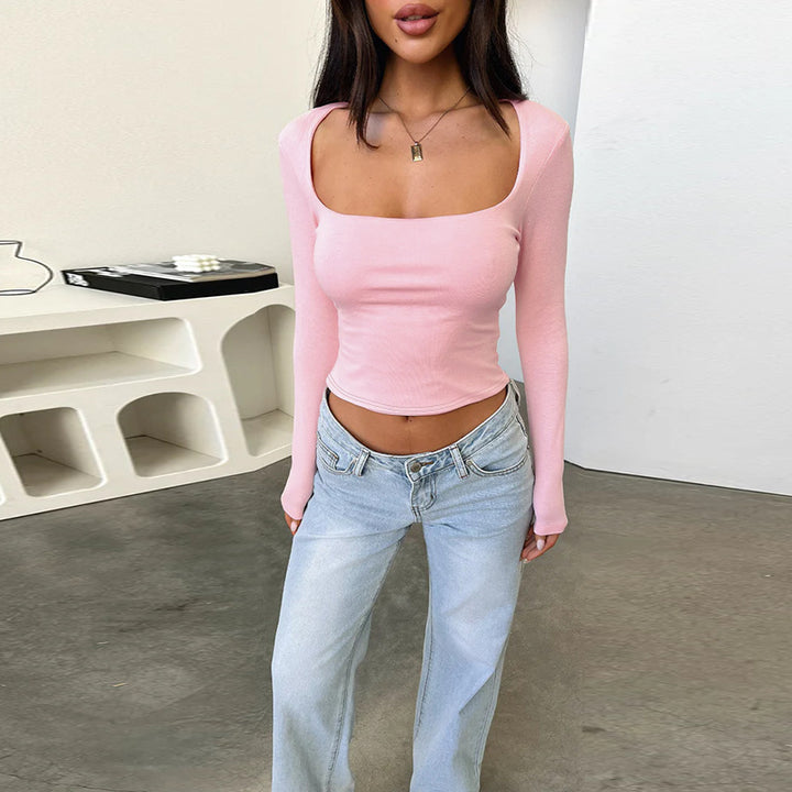 Kvinnenes langermet crop-top med original U-hals og figur-smarte snitt