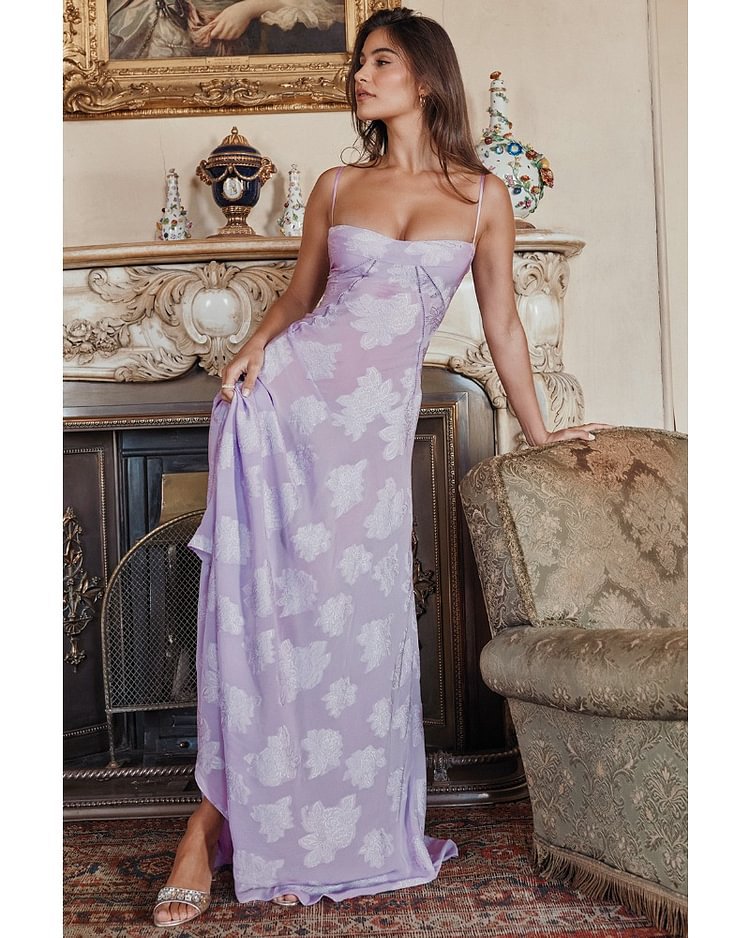 Dame Maxi Cocktailkjole med Blomstrete Chiffon og Slanke Spagetti Stropper