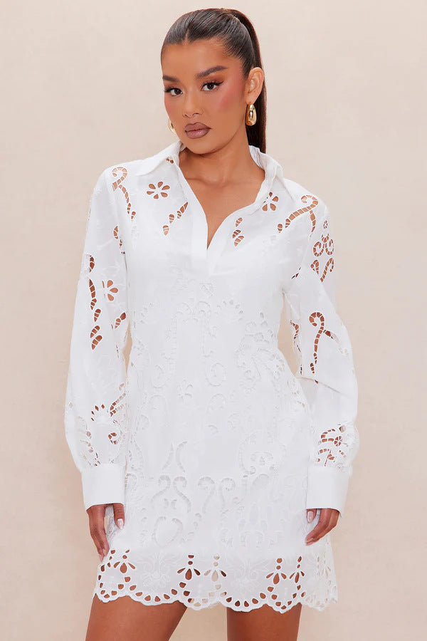 Damen Elegantes Hemdblusenkleid mit raffinierter Lochstickerei und langem Ärmel Skjora