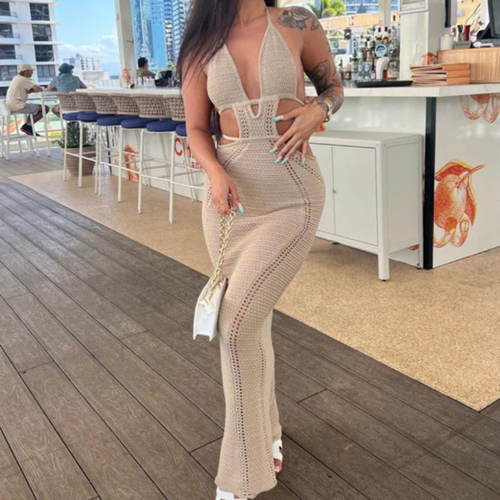 Damen Häkel-Maxikleid mit Cut-Outs und Neckholder Skjora