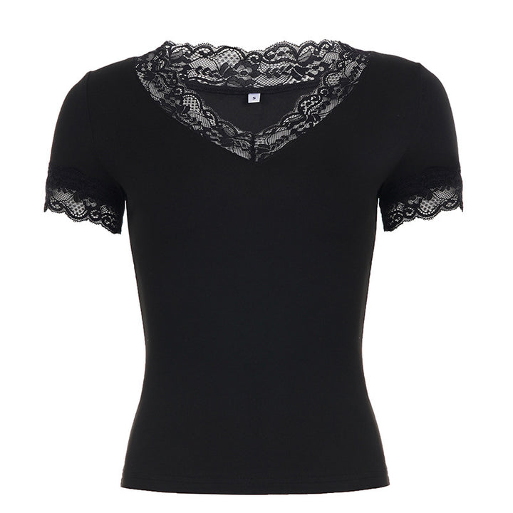 Dame Elegant spiss T-skjorte med V-hals og kort erm Skjora