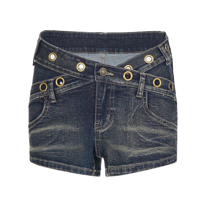 Dame Flared Jeans med dekorative knappedetaljer og trendy brukt finish Skjora