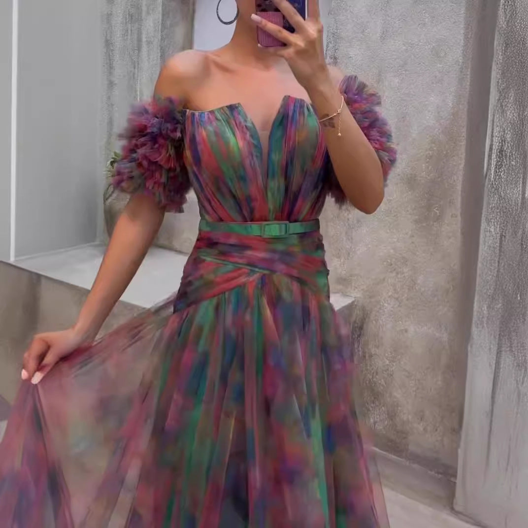 Damer Elegant Maxi Kjole med Av-Skuldre Design og Fargerike Volanger Detaljer