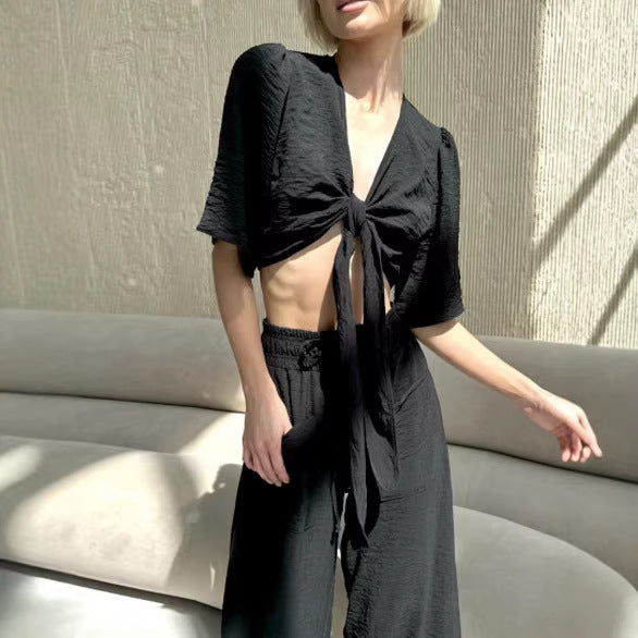 Kvinne Casual Crop Top og Bred Høy Midje Bukse Sett Skjora