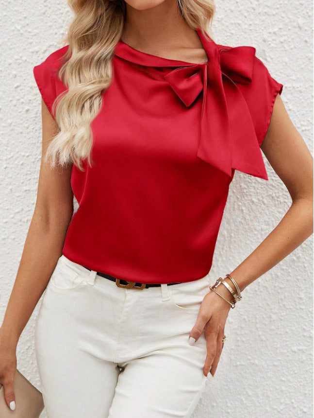 Dame Elegant Satengbluse med Sløyfedetalj Skjora
