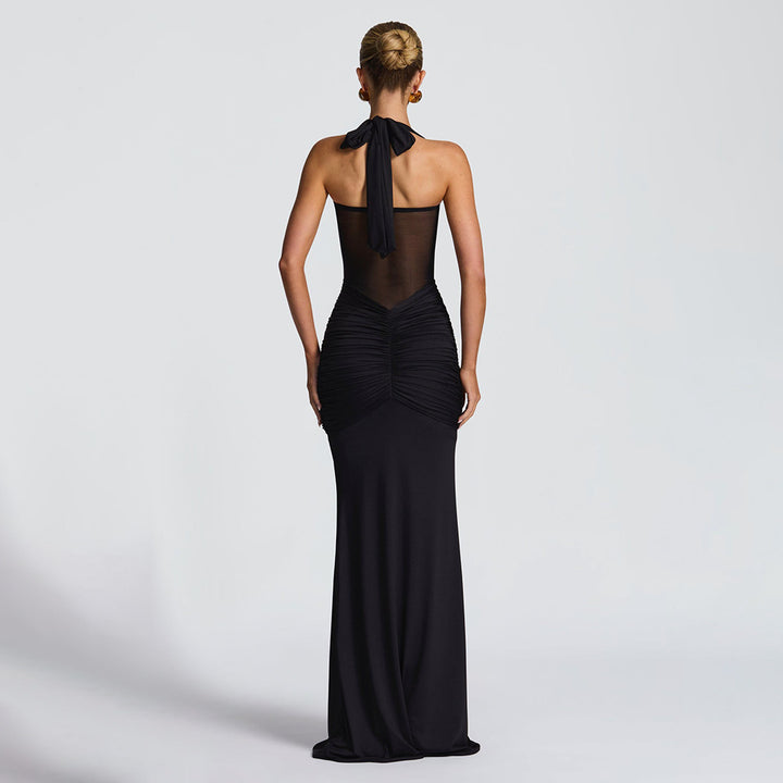 Dame elegant maxikjole med flatterende rynk og halterneck Skjora