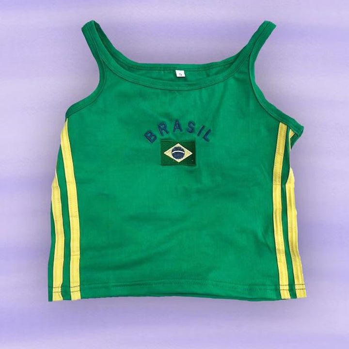 Dame sporty tanktop med Brasil-motiv og elegante striper Skjora